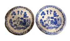 2 VTG Blue Willow Tea Set 1.75" Tin Plates Asia Japan Dollhouse Miniatures