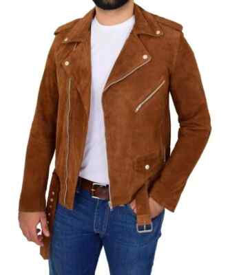 Hot Suede Leather Brown Button Handmade Jacket Lambskin Men Motorcycle Designer