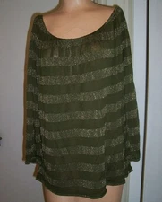 Michael Stars Green Gold Lurex Stripe Peasant Top Off Shoulder Maternity EUC