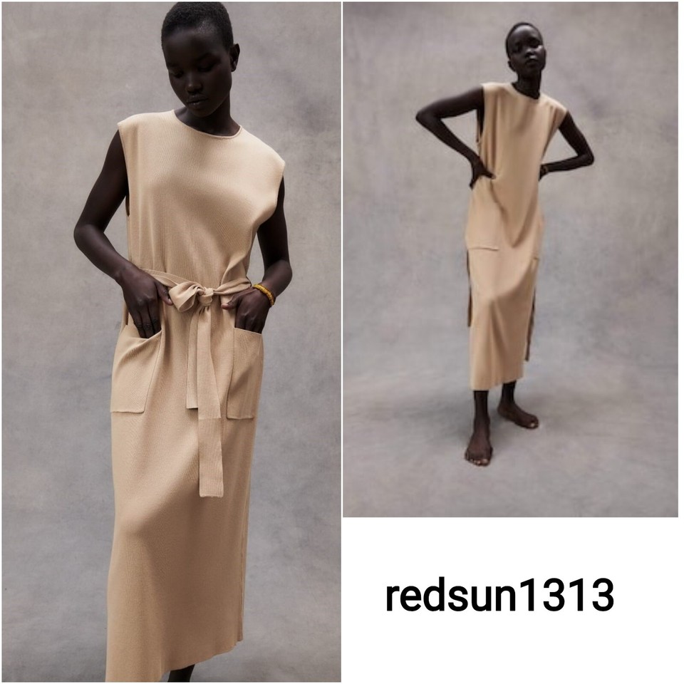 ZARA CAMEL KNIT MIDI TUNIC DRESS WITH BELT & POCKETS SIZE S UK 8 10 eBay