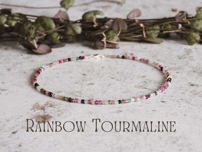 Rainbow Tourmaline Beaded Healing Water Resistant Crystal Boho Anklet  Gift