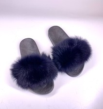 New Womens Fox Fur Slipper fits 5.5-7/35-38 navy Blue 