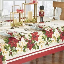 Red Green Ivory Christmas Tablecloth Poinsettia Fabric Holly Xmas Holiday Winter