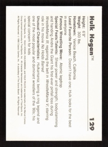 1990 Classic WWF #129 Hulk Hogan Hulk Rules - Picture 2 of 2