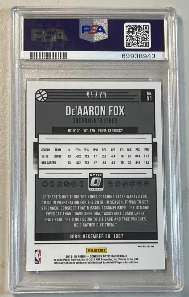 De'Aaron Fox PSA 10 2018-19 Panini Optic Pink Velocity /79 Gem Mint 2nd Year - Image 2 of 2