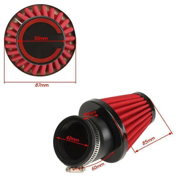 Universal 42mm Motorcycle  Inlet Cold Air Intake Tapered Air Filter Cleaner Red Foto 2 de 4