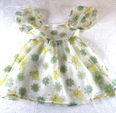 Pokemon Pikachu Girls Yellow Green Floral Dress Size XL 14 Sheer Overlay Lined