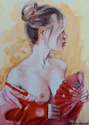 Original watercolor painting. Beautiful naked girl. Minimalist  illustration art