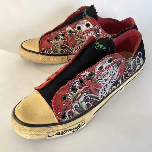 Tenis Y2K De Colección Ed Hardy Para Hombre Parte Superior Baja Moda Talla 12 Negros Rojos Sin Cordones - Imagen 10 de 14