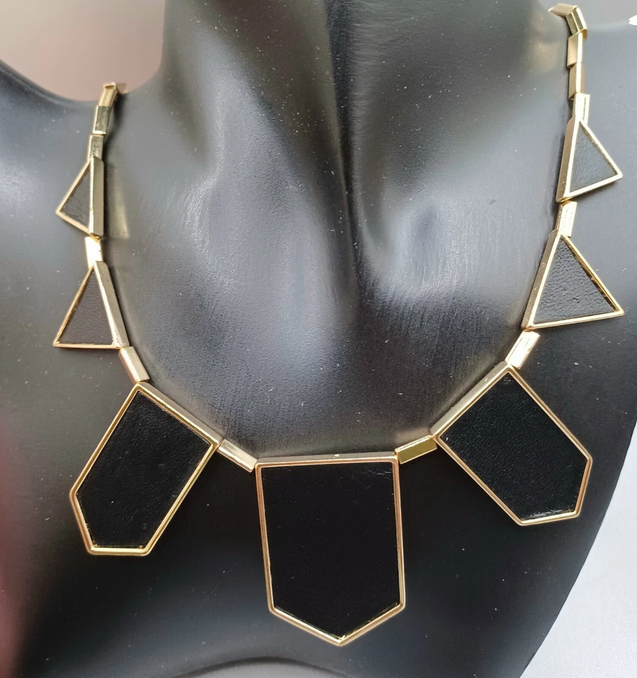 House Of Harlow Geometric Necklace Gold Tone Black Leather Pendants 18" - Image 2 of 4
