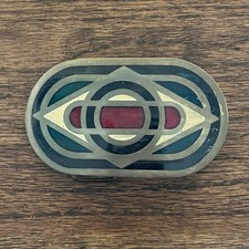 RARE Vintage Belt Buckle Solid Brass with Inlay Art Deco Symmetrical Style 1970s