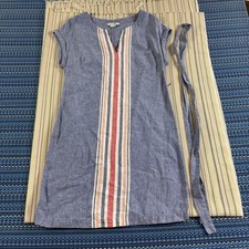 Boden Dress Womens 4 Blue Striped Linen Short Sleeve Shift Belted Pockets