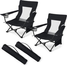 Folding Beach Chair Set of 2, Foldable Black Camping Chairs for Outside, Low