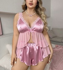 Glossy 2nd Skin Satin Lace Camisole Shorts Lingerie Sleep Set PLUS 4XL NEW