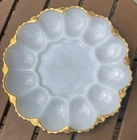 Milk Glass Egg Platter White Gold Trim Round Glossy 12 Compartments MCM Vintage