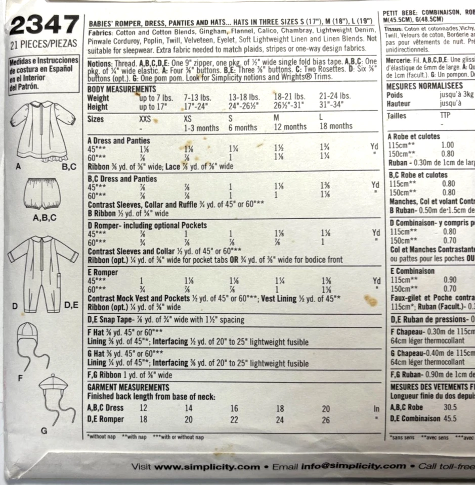Simplicity Sewing Pattern Baby Infant Dress Romper Hat  New Uncut 2347 - Image 2 of 2