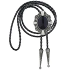 Native American Bolo tie Rodeo Cowboy Leather Necktie 6# Black Agate Bolo Tie