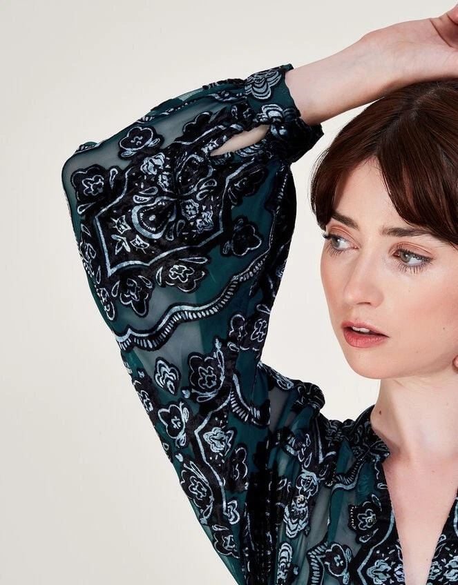 Monsoon Darcy Devore Blouse Teal Size XL - Image 4 of 4