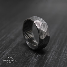 Faceted Damascus Steel Ring for Men Wedding Band, Unique Engagement Ring