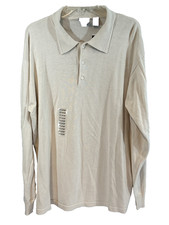 Classic Minimalist Knit Polo Sweater Mens XL Beige Cotton Crewneck Button Layer