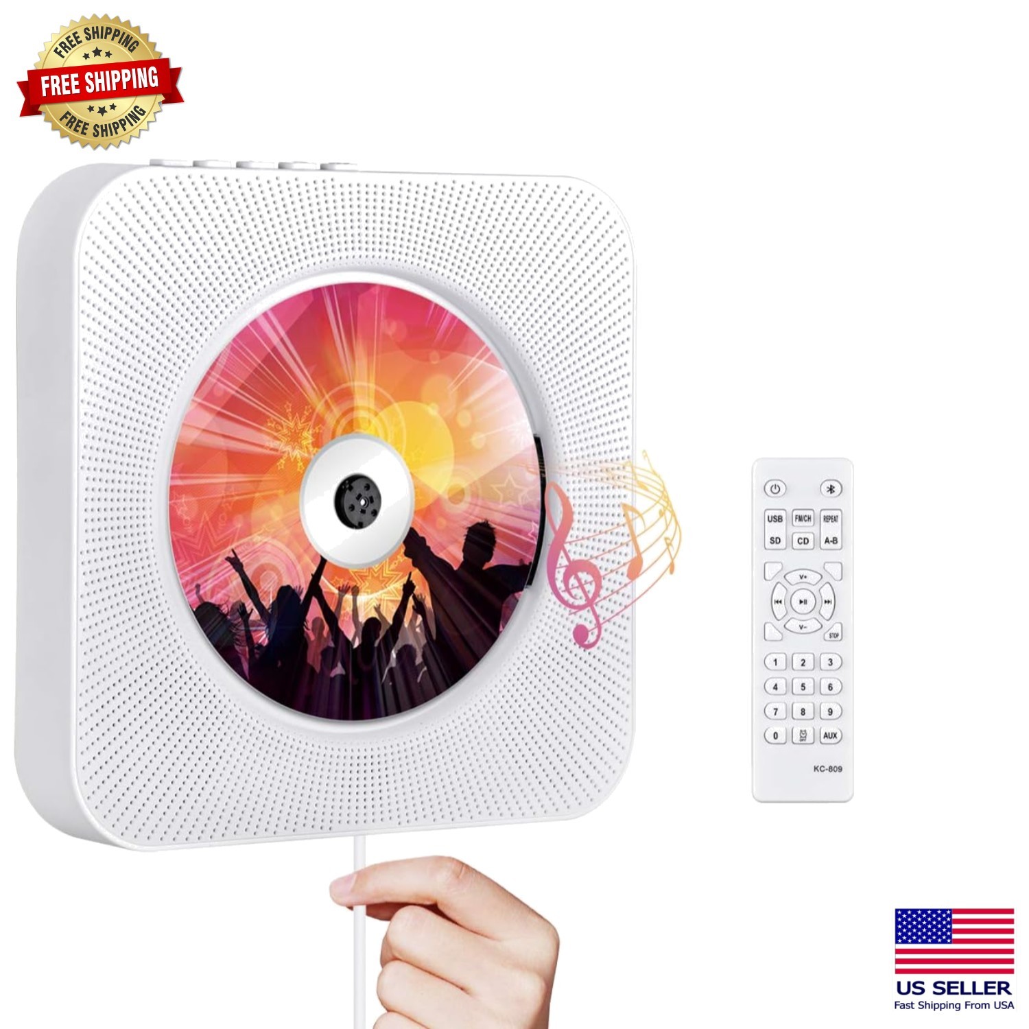 Wall Mountable CD Player & Bluetooth Music Player with FM Radio - Compact Design