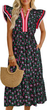 Womens Summer Floral Midi Dresses Ruffle Cap Sleeve V Neck Flowy Boho Casual Bea