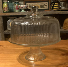 Clear Glass Ribbed Round Pedestal Cake Stand w/ Dome Lid Cloche 12 in