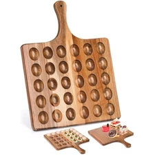 30 holes reversible wooden deviled egg platter with handle, acacia woo