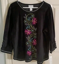 NWT ALFRED DUNNER EMBELLISH BLACK /FLOWERS, COTTON 3/4-SLV TUNIC TOP, LARGE