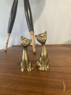 Vintage Brass Kitty Cat Set Of 2 MCM Atomic Cats Paperweight Figurine