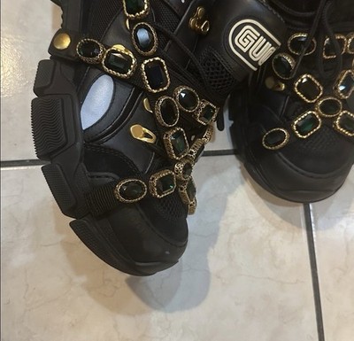 Gucci  woman Black Flashtrek Sneakers Shoes Crystal Strap size 7.5