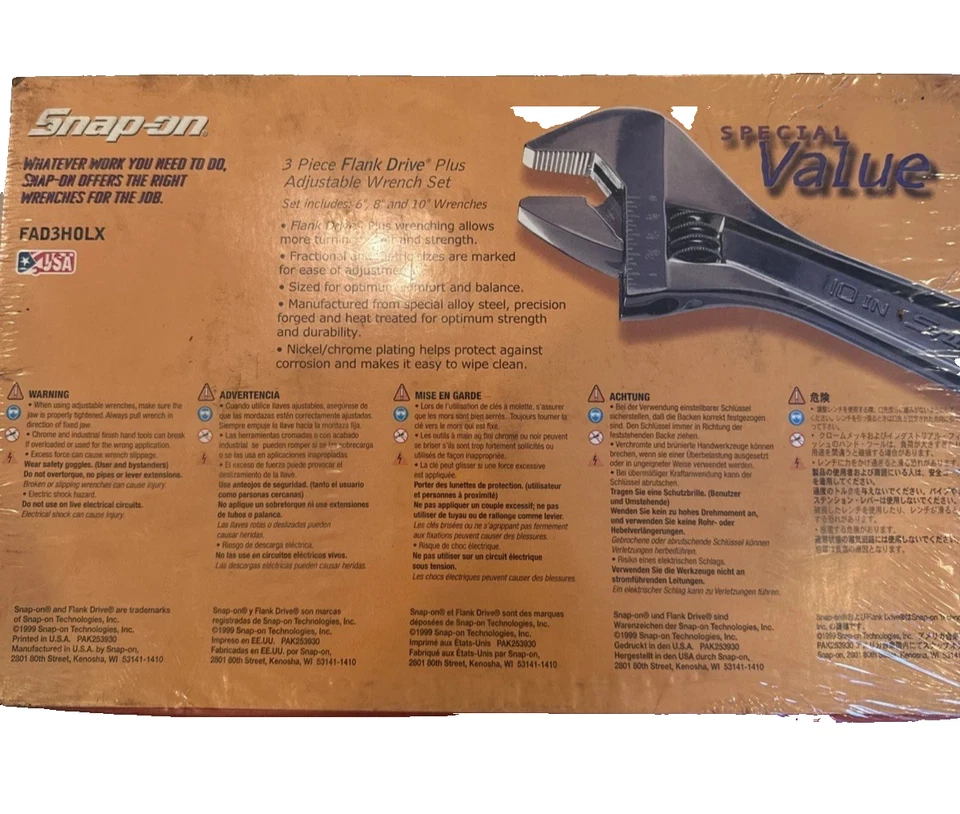 Nos Snap-on™ 3-Piece 6" 8" 10" Flank Drive Plus Adjustable Wrenches Set USA-Made - Image 4 of 4