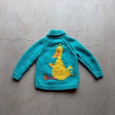 Vintage 70s Big Bird Sesame Street Hand Knit Zip Cardigan Sweater Teal Kids L