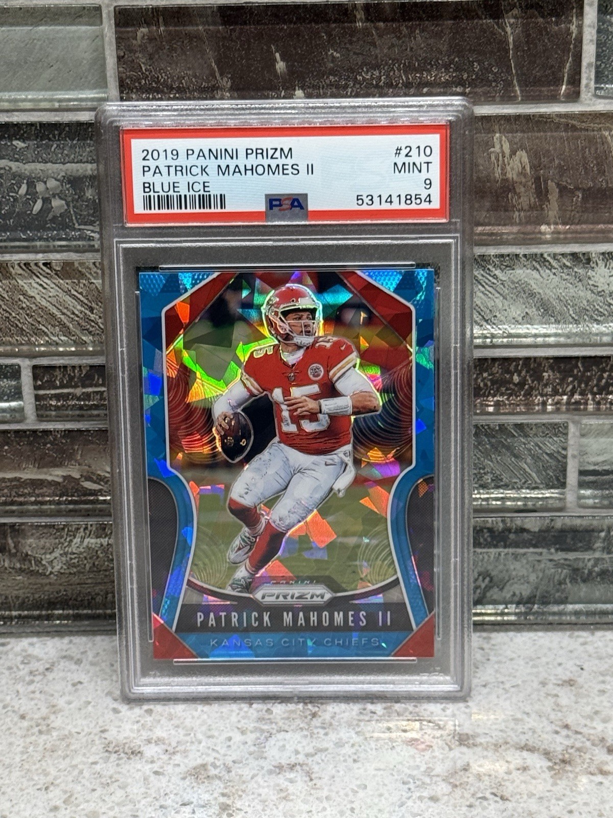 PATRICK MAHOMES II 2019 Panini Prizm #210 Blue Ice Prizm PSA 9 25/99 view 2