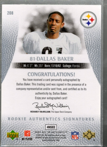 B0364- 2007 SP Authentic #208 Dallas Baker RC Auto /1199 - NM-MT - Picture 2 of 2