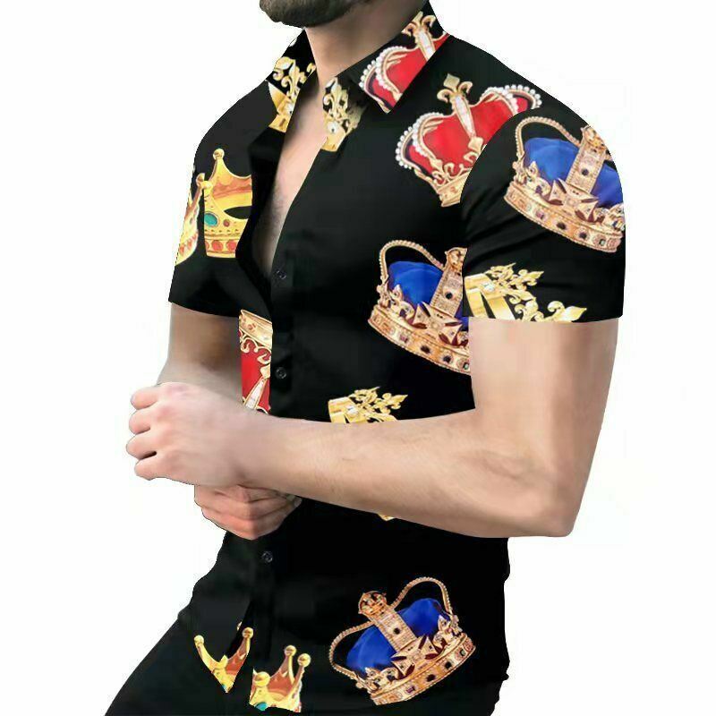 Button Down Shirt Men Red Blue King Crown Royalty Black Short Sleeve Casual Tee-image