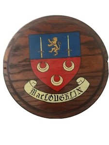 Vintage Irish hand painted MacLoughlin coat of arms family crest plaque.