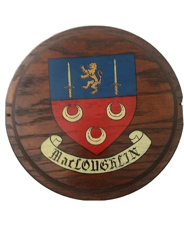 Vintage Irish hand painted MacLoughlin coat of arms family crest plaque.