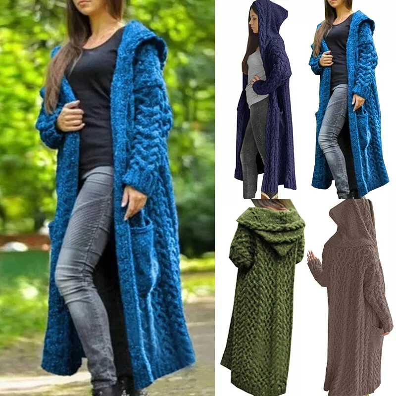 Women Sweater Warm Solid Overcoat Long Sleeve Knit Hooded Loose Coat Plus  Size