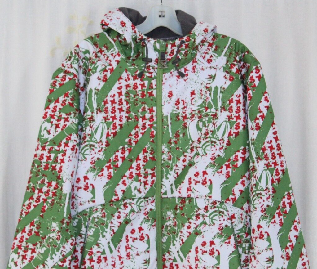 Salomon Cappotto Snowboard Verde Rosso Bianco Graffiti Cappuccio Invernale Zip Giacca Uomo M