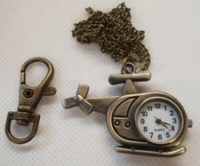 Bronze Vintage Style Helicopter Plane Pocket Watch Necklace Keyring Gift Idea