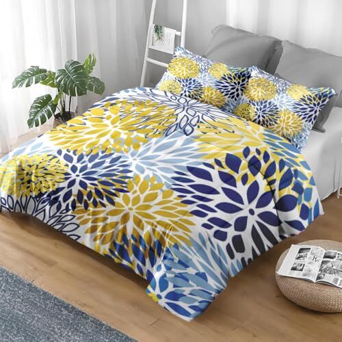3 Pcs Comforter Set Size, Spring Floral Navy Blue Queen Blue Yellow
