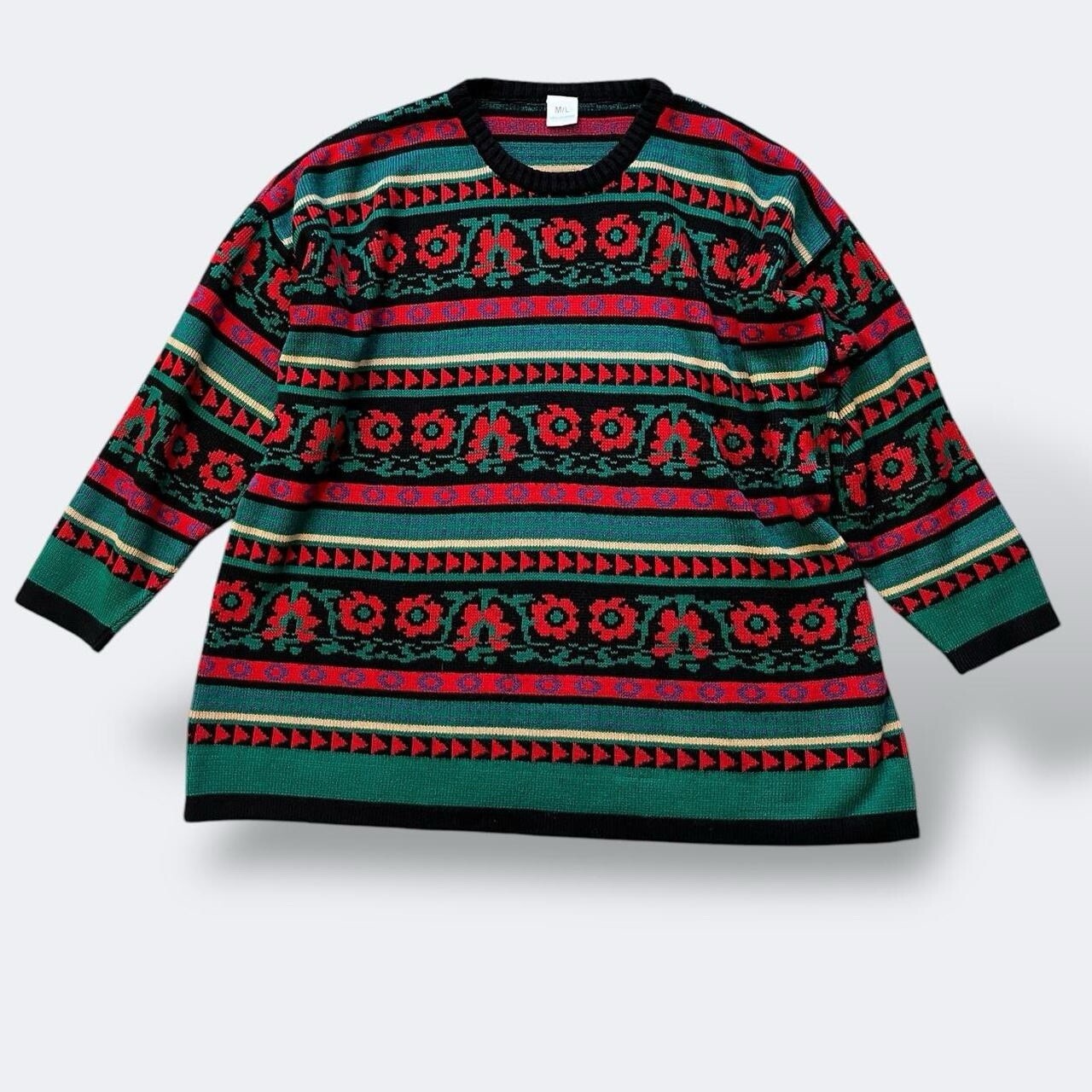 Vintage Floral Pattern Knitted Jumper Size L 100% Acrylic Relaxed Fit