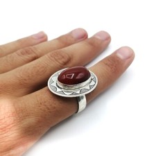 Antique Silver Berber Ring and Brown Glass from Morocco, Size US 9.5