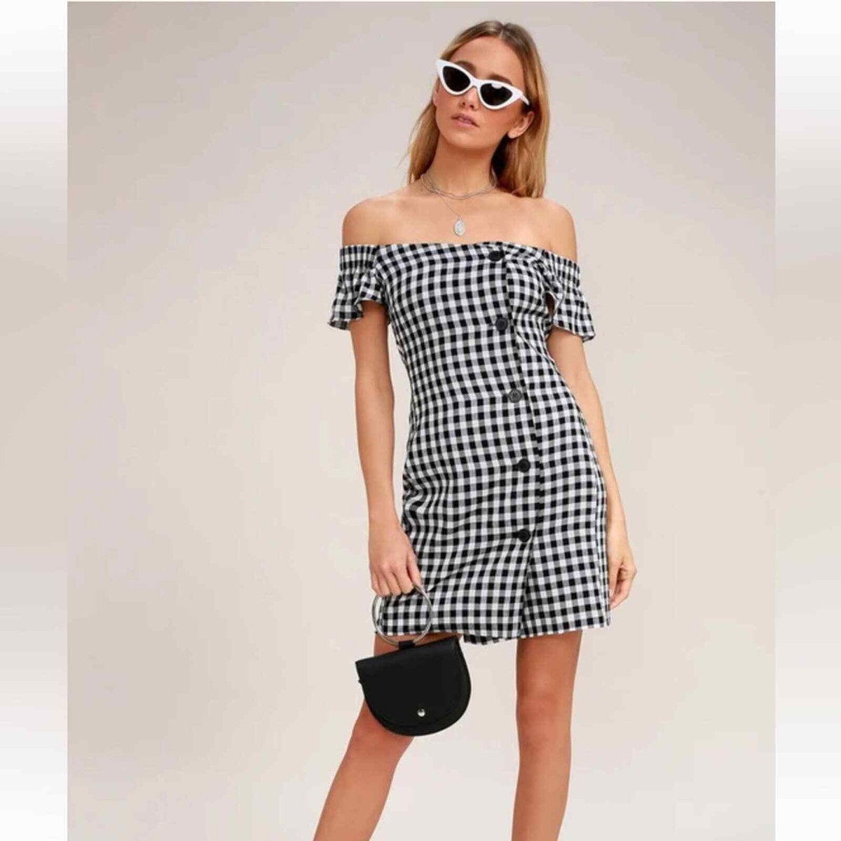 Gingham Black And White Checkered Mini Dress River Island Button