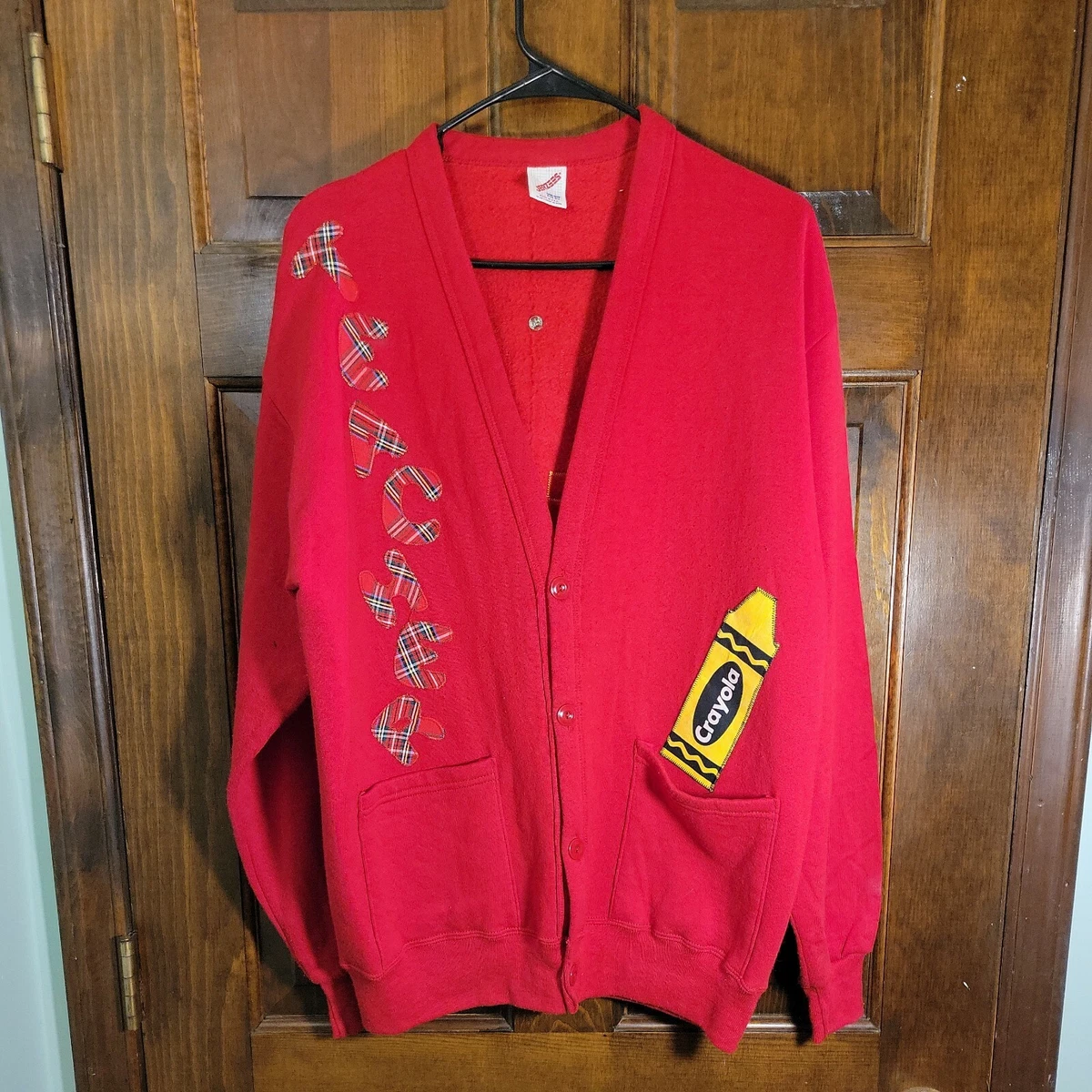 Vintage Jerzees Teachers Red Cardigan Sweater One Size Made in USA with 4 pins