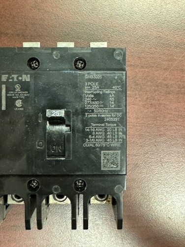 GHB3025 GHB 3Pole 25Amp 480Volt Bolt-On EATON Cutler Hammer Circuit Breaker NEW - Picture 3 of 8
