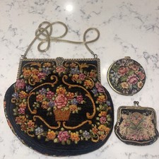 Vintage Petit Point Needlepoint Victorian Flowers Garden Purse Evening Bag