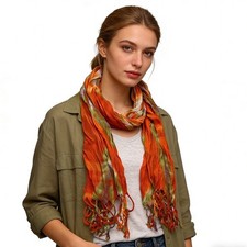 Orange Red Printed Viscose Scarf - Lightweight Dress Scarf 69"x20" 