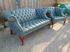 ELEGANT BRIGHTS OF NETTLEBED PISTACHIO COLOURED LEATHER CHESTERFIELD SOFA &CHAIR